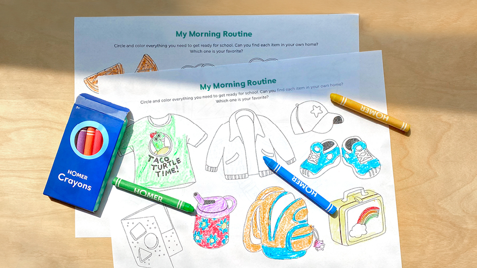 Completed morning routine printable with crayons on table